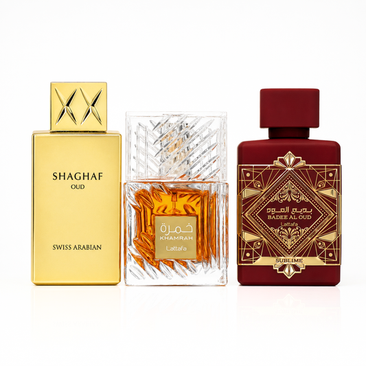 Sada 3 Parfémů | Khamrah + Bade'e Al Oud Sublime + Swiss Arabian Shaghaf Oud 100 ml